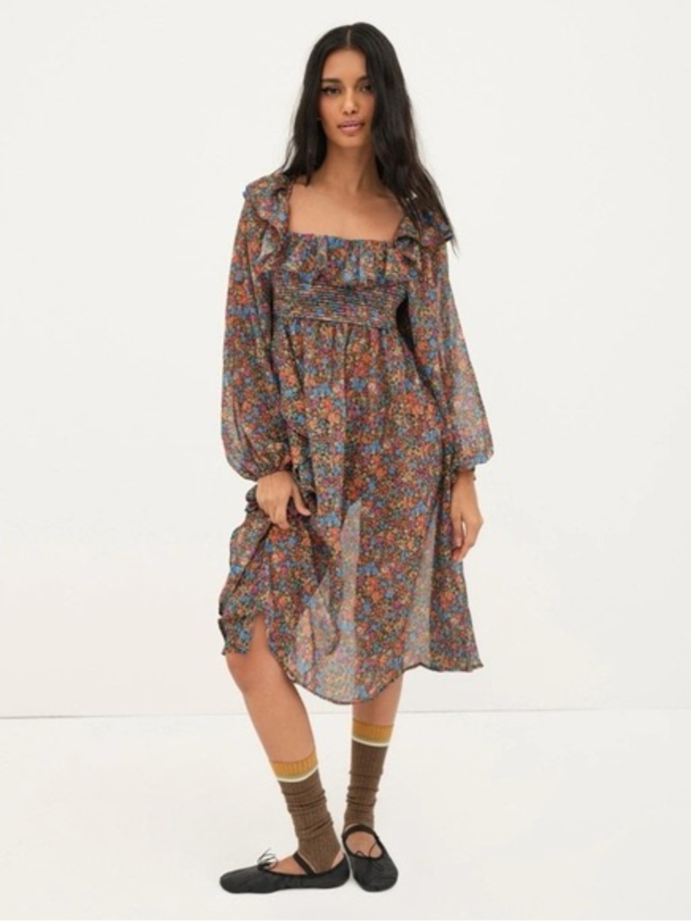 For Love & Lemons Multicolor Floral Smocked Midi Dress